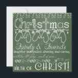 Green Chalkboard Photo Christmas Card<br><div class="desc">Everything merry can be found on our Green Chalkboard Photo Christmas square card featuring white text on a green chalkboard background with a string of mittens,  tree lights,  snowflakes,  holly,  hearts,  and ornaments. You can easily customise this Christmas photo card with your photo and your names!</div>