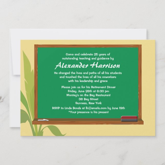 Green Chalkboard Teacher's Retirement Invitation (Front)