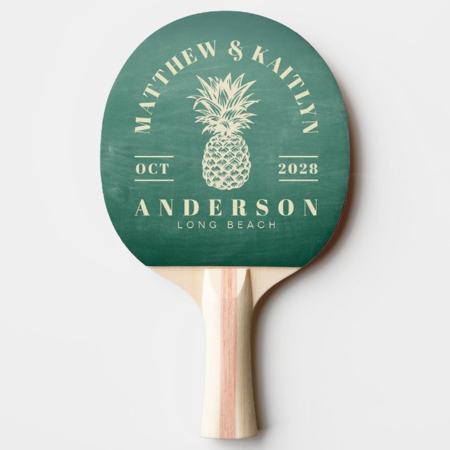 Green Chalkboard Tropical Pineapple Wedding Ping Pong Paddle (Back)