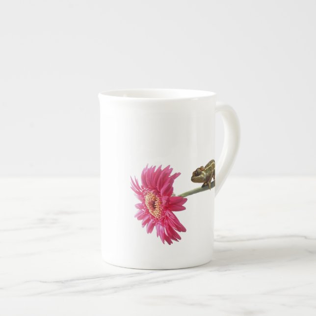 Green chameleon on pink flower bone china mug (Front Right)