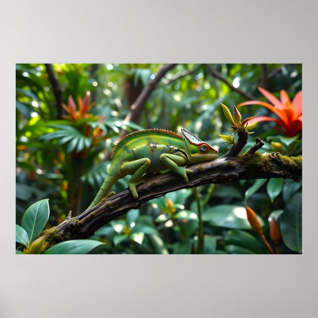 Green Chameleon Surrounded by Lush Foliage Poster (Front)