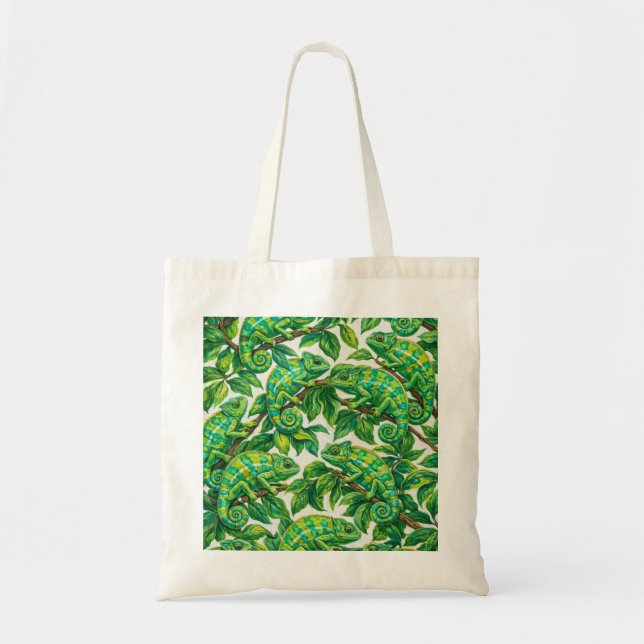 Green Chameleons on Leafy Branches Jungle Pattern Tote Bag (Front)