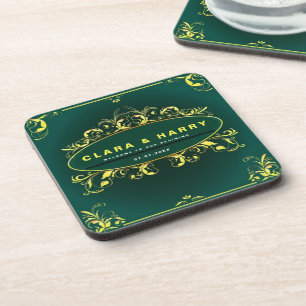 Green champagne gold vintage floral wedding coaster