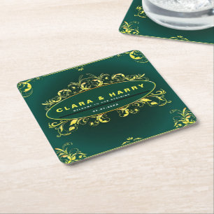 Green champagne gold vintage floral wedding square paper coaster