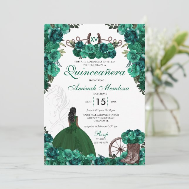 Green Charra Ranch & Horse Quinceañera Invitation (Standing Front)