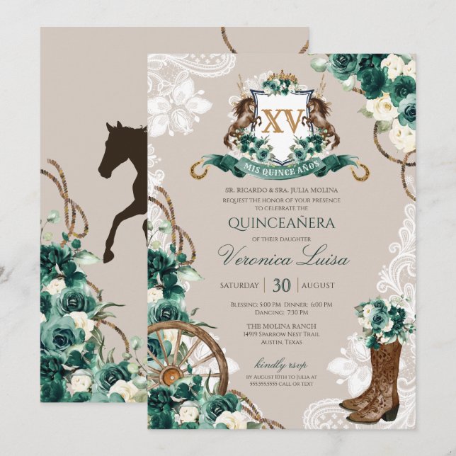 Green Charro Floral Horse Crest Quinceanera Invitation (Front/Back)