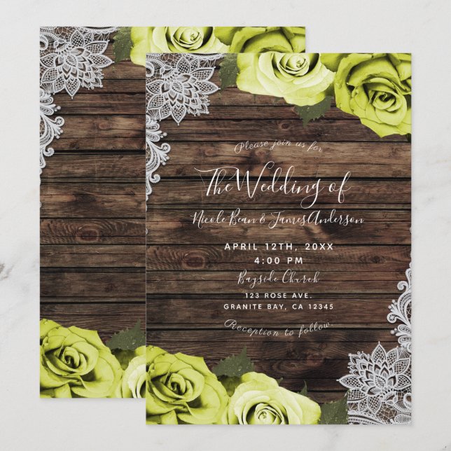 Green Chartreuse Floral Roses Wood Lace Wedding Invitation (Front/Back)