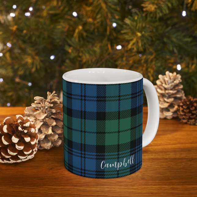 Green Check Plaid Rustic Custom Campbell Tartan Coffee Mug (Plaid Campbell Tartan 11oz Coffee Mug)