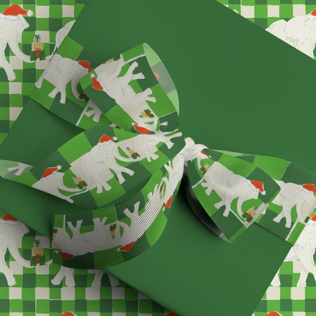 Green Checkered White Elephant Christmas Party Grosgrain Ribbon (White Elephant Christmas Party theme illustrated grosgrain ribbon with a green checkered background.)