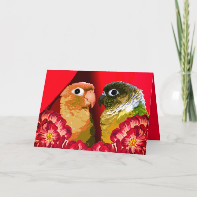 Green Cheek Conure Couple In Love Red 2 Bird Pair Holiday Card (Front)