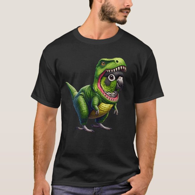 Green Cheek Conure Parrot Wearing Dinosaur Outfit T-Shirt (Front)