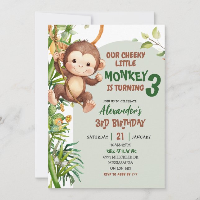 Green Cheeky Little Monkey Savannah Theme Birthday Invitation (Front)