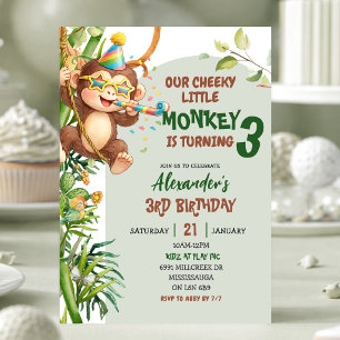 Green Cheeky Little Monkey Savannah Theme Birthday Invitation