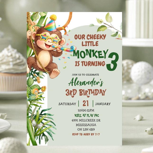 Green Cheeky Little Monkey Savannah Theme Birthday Invitation (Creator Uploaded)