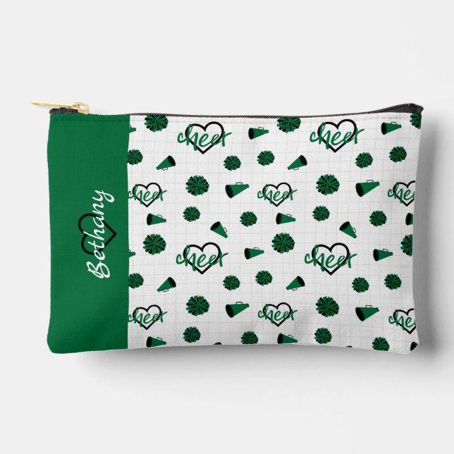 Green Cheer Hearts, Pom Poms, Megaphone Pattern Accessory Pouch (Front)