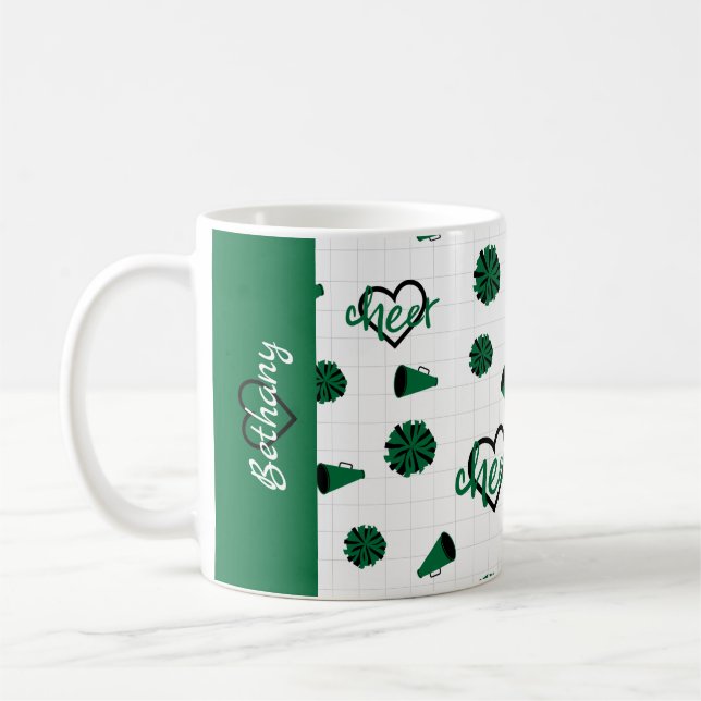 Green Cheer Hearts, Pom Poms, Megaphone Pattern Coffee Mug (Left)