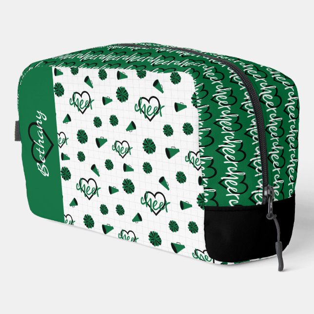 Green Cheer Hearts, Pom Poms, Megaphone Pattern Dopp Kit (Right Corner)