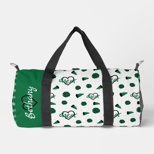 Green Cheer Hearts, Pom Poms, Megaphone Pattern Duffle Bag (Front)