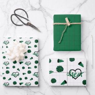 Green Cheer Hearts, Pom Poms, Megaphone Pattern Wrapping Paper Sheet