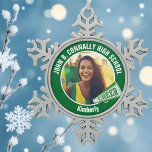 Green Cheerleader Photo High School Snowflake Pewter Christmas Ornament<br><div class="desc">This cool customised high school cheerleader photo gift features white typography of your team and player name on a green Christmas ornament with a CHEER megaphone. Personalise with your student's photograph and class year as a proud cheerleading parent. A great gift for a mum or dad.</div>