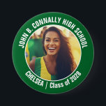 Green Cheerleader Photo High School Spirit 7.5 Cm Round Badge<br><div class="desc">This cool customised high school cheerleader photo gift features white typography of your team and player name on a green button. Personalise with your student's photograph and class year as a proud cheerleading parent. A mum and dad can wear these buttons to competition and games.</div>