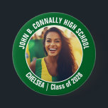 Green Cheerleader Photo High School Spirit 7.5 Cm Round Badge<br><div class="desc">This cool customised high school cheerleader photo gift features white typography of your team and player name on a green button. Personalise with your student's photograph and class year as a proud cheerleading parent. A mum and dad can wear these buttons to competition and games.</div>