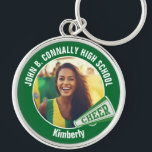 Green Cheerleader Photo High School Spirit Key Ring<br><div class="desc">This cool customised high school cheerleader photo gift features white typography of your team and player name on a green keychain with a cheer megaphone. Personalise with your student's photograph and class year as a proud cheerleading parent. A great gift for a mum or dad.</div>