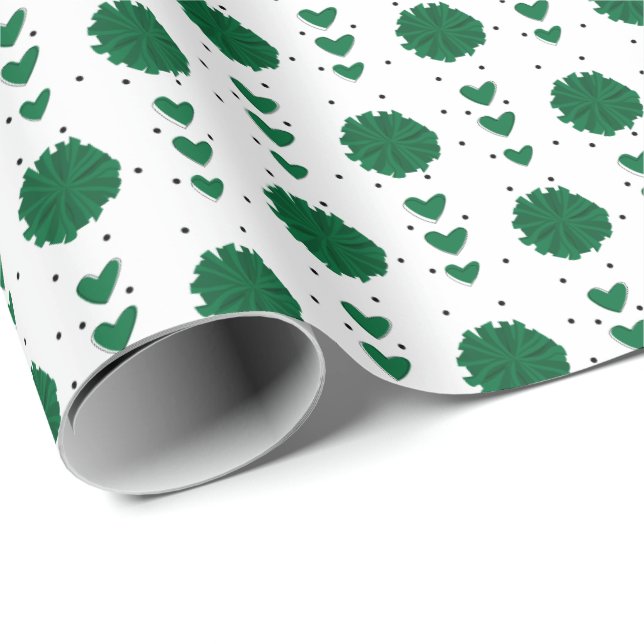 Green Cheerleader Pom Poms & Hearts Pattern Wrapping Paper (Roll Corner)