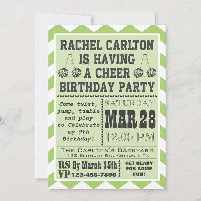 Green Cheerleading Birthday Party Invitation (Front)
