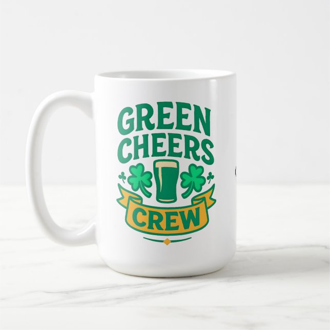 Green Cheers Crew Fun St Patrick’s Day Celebration Coffee Mug (Left)