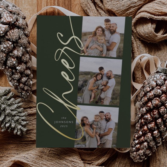 Green Cheers Modern Elegant Script Christmas Foil Holiday Card (Creator Uploaded)