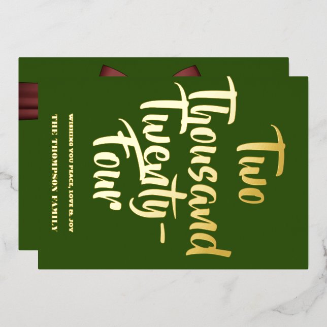 Green Cheers to 2024, red ribbon Foil Holiday Card (Front/Back)