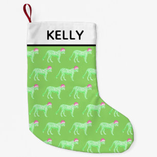 Green Cheetah in Santa Hat Small Christmas Stocking