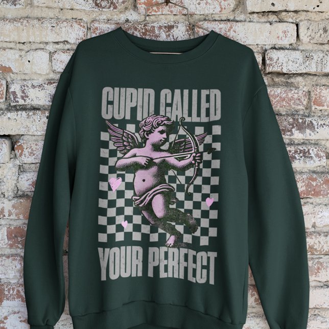 Green Chequerboard With Cute Pink Cupid Valentine Sweatshirt (Creator Uploaded)