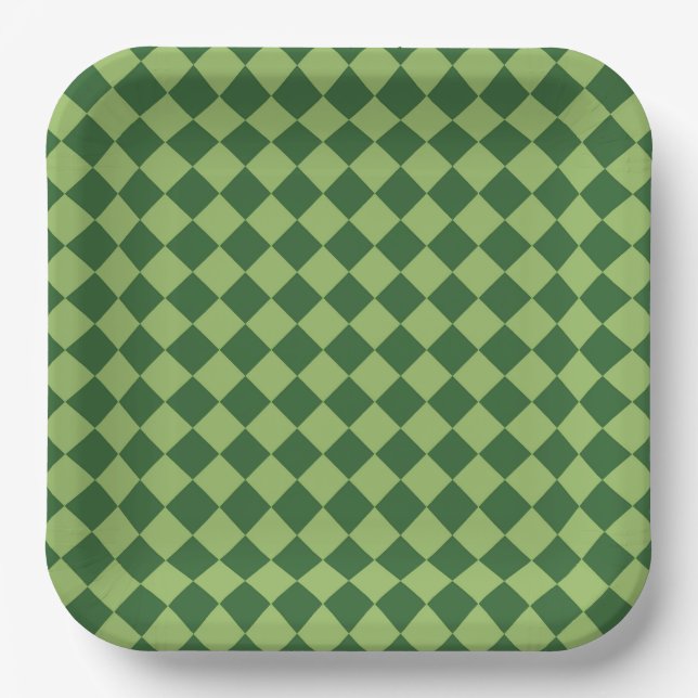 Green Chequered Diamond Pattern Paper Plate (Front)