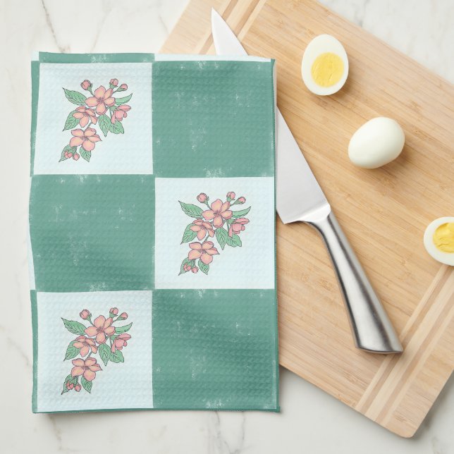 Green-Chequered Floral Kitchen Tea Towel  (Quarter Fold)