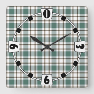 green chequered light tartan pattern square wall clock