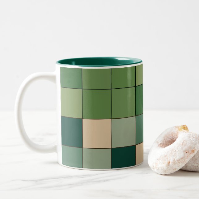 Green Chequered  Two-Tone Coffee Mug (With Donut)