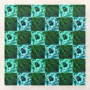 Green chess and blue sky or cyan, with rectangles? glass coaster