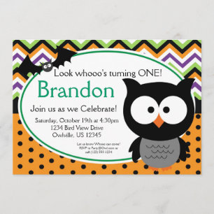 Green Chevron and Polka Dots Owl Halloween Invite