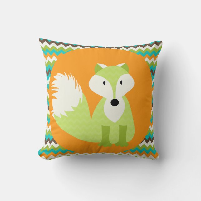 Green Chevron Fox on Orange Throw Pillow (Front)