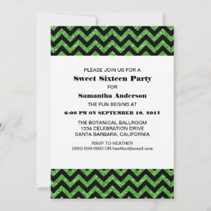 Green Chevron Glitter Sweet 16 Party Invite