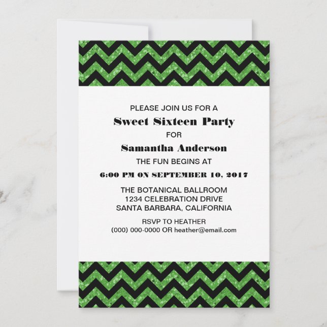 Green Chevron Glitter Sweet 16 Party Invite (Front)