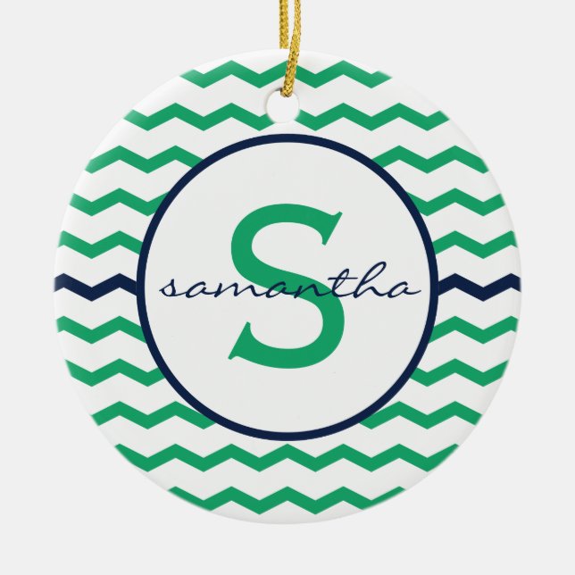 Green Chevron Monogram Ceramic Tree Decoration (Front)