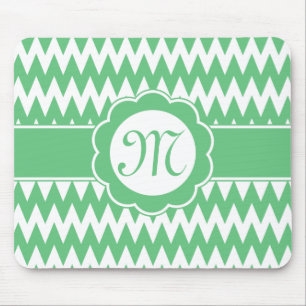 Green Chevron Pattern & Monogram Flower Mouse Mat