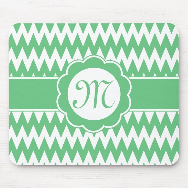 Green Chevron Pattern & Monogram Flower Mouse Mat (Front)