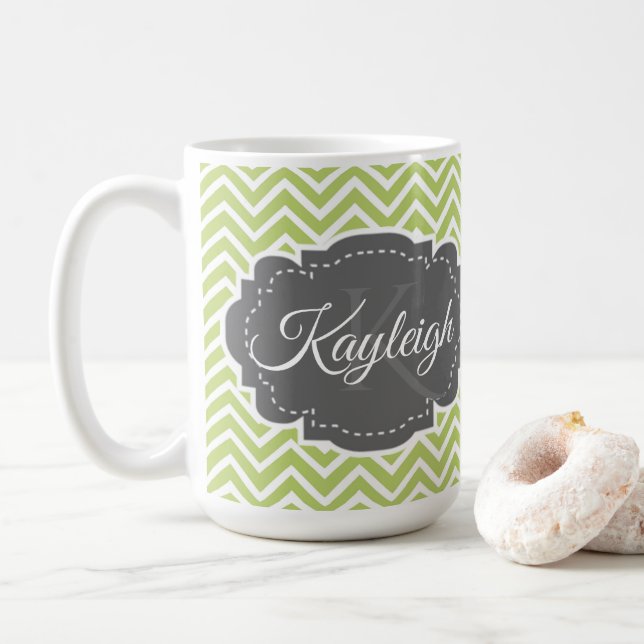 Green Chevron Personalised Coffee Mug (With Donut)