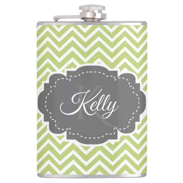Green Chevron Personalised Flask (Front)