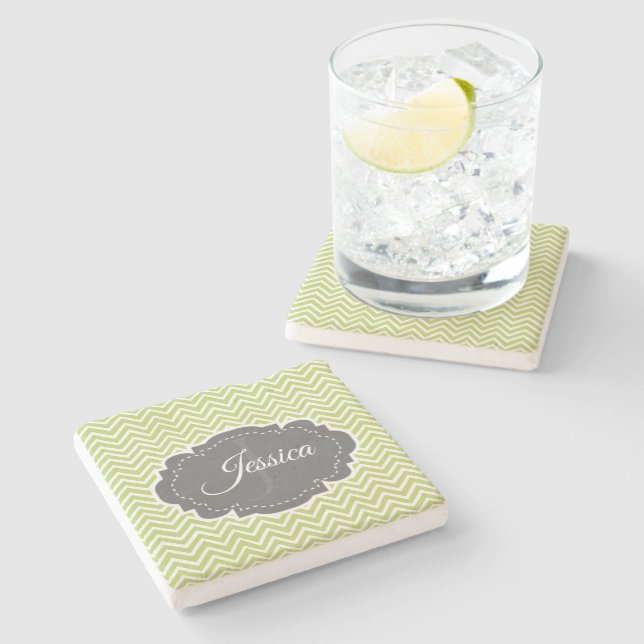Green Chevron Personalised Stone Coaster (Side)