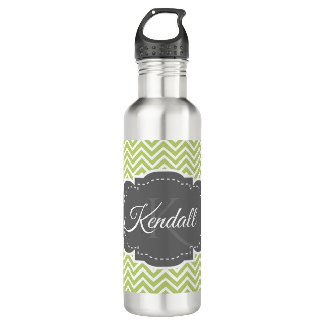 Green Chevron Personalised Water Bottle (Front)